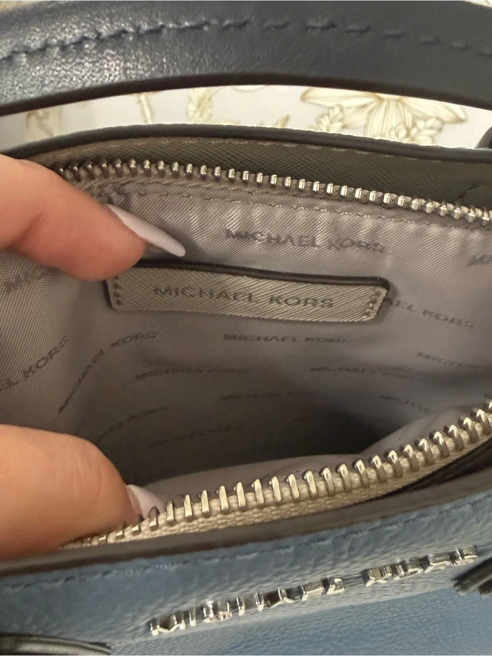 Michael Kors Dusty Blue Pebbled Leather Satchel with Black Trim